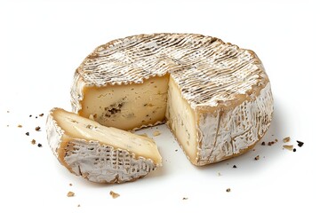 Sliced Camembert cheese on a white isolated background, studio light