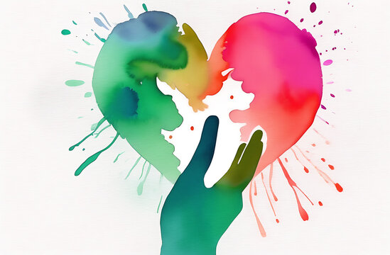 the hand holds a watercolor multicolored heart with splashes, a symbol of help and care