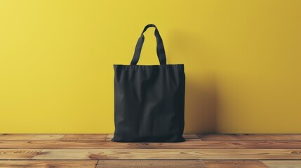 Wall Mural - Mockup of a black tote bag on a wooden table in a pastel yellow background. wide angle lens