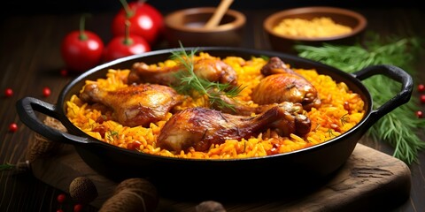 Wall Mural - Delicious Jollof Rice with Chicken A Flavorful Combination. Concept Jollof Rice Recipe, Chicken Recipes, African Cuisine, Flavorful Dishes, Cooking Inspiration