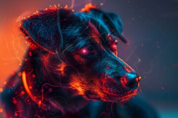 Poster - Advanced cybernetic canine vision, a futuristic digital artwork of a glowing neonlit dog with technological abstract portrait and hightech virtual reality pet concept