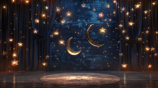 Eid Mubarak background with stars and moon. Islamic lamp design with Eid design. Premium Eid greeting card illustration.