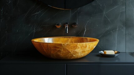 Round golden marble sink on black wall with bathroom faucet