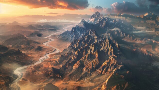 It is a breathtaking aerial view of the mountain range Sunset captured during the serene hours, adding a touch of fantasy to the scene, making it the perfect background wallpaper for your devices