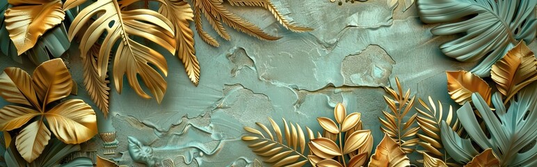 Wall Mural - Creative nature gold layout made of tropical leaves. Summer concept. Fern Palm and monstera leaf on wall textures. AI generated illustration