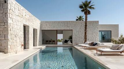 A modern minimalist villa in the Alman resort of photoshoot, stone walls and white concrete, swimming pool, palm trees, sunbeds, blue sky, Mediterranean style architecture.