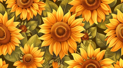 Wall Mural - Watercolor sunflowers summer vintage seamless pattern. Natural yellow floral texture on black background.
