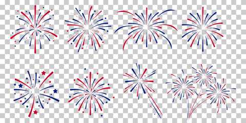 Wall Mural -  Fireworks Fourth of July.Set of fireworks with a red and blue stars and sparks . United states of america independence day fireworks. Red, blue fireworks for 4th of July .