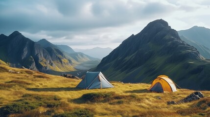 Wall Mural - Two Tents pitched up in the Highlands. Camping Active Lifestyle Concept with Dramatic Mountain Scenery.