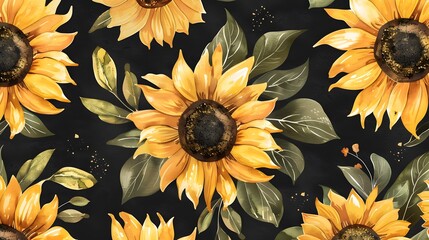 Wall Mural - Watercolor sunflowers summer vintage seamless pattern. Natural yellow floral texture on black background.
