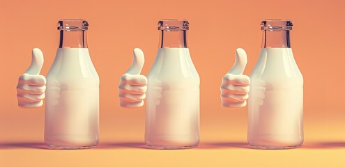 Wall Mural - Three milk bottles and 3 thumbs up on a yellow background