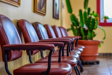 Wall Mural - Row of empty red chairs in a waiting area with potted plants