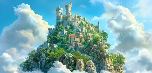 Wall Mural - Illustration of a towering hill with green trees and a castle against a background of white clouds and blue sky