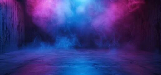 Poster - Futuristic Garage Showroom Tunnel Corridor Concrete Metal Grunge Reflective Empty Space White Glow Showcase Stage Underground Entrance 3D Rendering with Smoke Neon Laser Fluorescent Blue