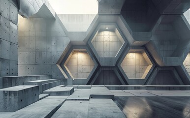Poster - Interior with glass and concrete. Architectural background. Illustration and rendering in 3D