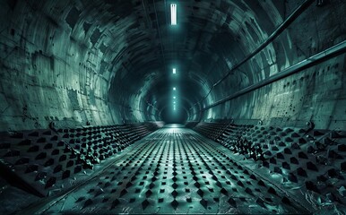 Poster - A 3D illustration and rendering showing an empty, abstract room lined with rusted metal sheets. Architectural background. Nighttime illumination.