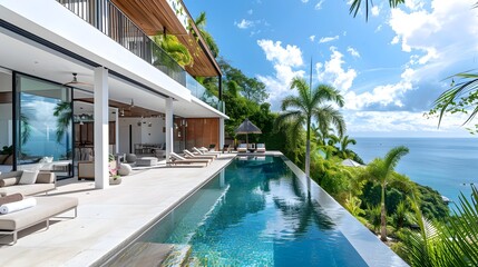 Wall Mural - An elegant modern villa with large terraces overlooking the sea, white walls and wooden accents, featuring outdoor seating areas for relaxation, an infinity pool with clear blue water.