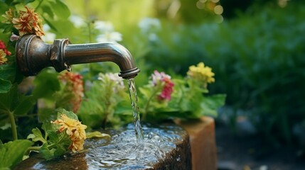 Wall Mural - Water tap in the garden. Increasing the price of water, save the planet, save water.