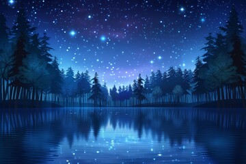 Starry night over a forest reflected in a tranquil lake