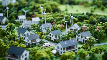 Wall Mural - Model of a small village with modern white houses among green trees and bushes. On the model there are wind turbines among the houses 