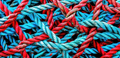 A collision of blue and red ropes stacked on top of each other