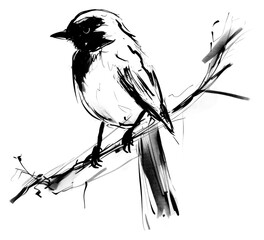 Sticker - PNG stroke outline of simple *bird* in style Ink brush, black and white, gouach texture, minimal clean, isolated on off white background