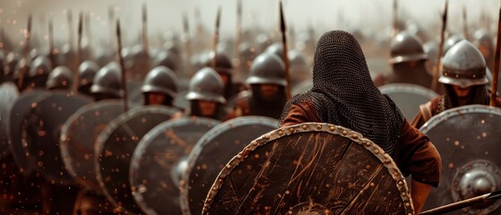 Soldiers in Shield Wall, Spears in Formation - Soldiers stand in tight shield wall, spears poking through, showcasing a solid, defensive formation amidst open space.