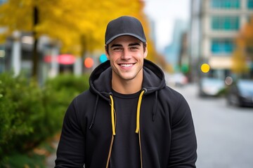 A man wearing a black hoodie and hat is smiling for the camera