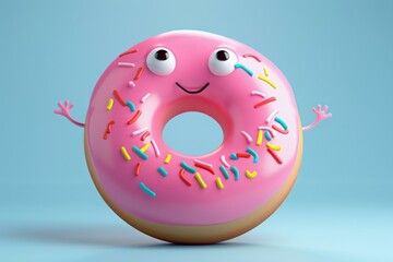 Wall Mural - Whimsical 3d illustration of a smiling doughnut character with sprinkles, perfect for playful designs