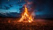 © shooreeq - Huge bonfire in the field at night, summer solstice festival, sparks flying upwards, starry sky