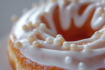 Sticker - Detailed macro shot of a freshly glazed donut topped with white sprinkles