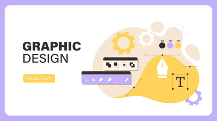 Graphic design poster. Creating UI and UX elements. Designer and freelancer services. Earning money on Internet. Landing webpage design. Cartoon flat vector illustration isolated on white background