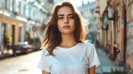 Wall Mural - Young woman wearing white t-shirt on street