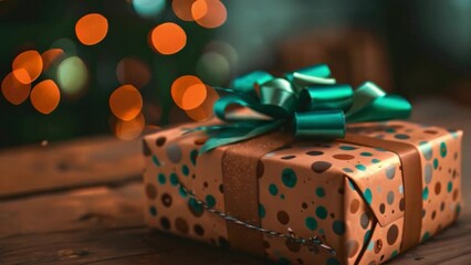 Poster - This Teal Bow Wrapped Gift Box On Wooden Surface With Bokeh Lights