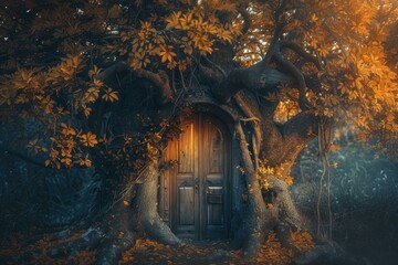 Poster - Mystical wooden door set within an ancient tree's trunk, surrounded by autumn foliage at dusk