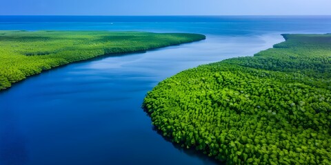 Wall Mural - Aerial Perspective of Lush Mangrove Forest Along the Caribbean Sea Coastline. Concept Nature Photography, Caribbean Coastline, Aerial Perspectives, Mangrove Forests, Lush Greenery