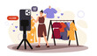 © Mental Health - Online sale blogger. Woman with clothes in her hands stands near camera. Clothes sale. Ecommerce and cashless transfers and transactions. Cartoon flat vector illustration isolated on white background