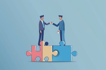 Poster - Businessmen finish deals and shake hands as they finish their handshake on jigsaw puzzle to signify collaboration, cooperation, or partnership.