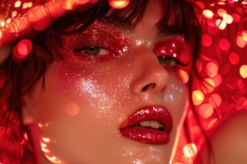 Close-up of a glamorous woman with sparkling red and silver makeup, bold red lips, and bokeh lights in the background.
