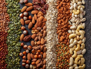 A variety of nuts and seeds are displayed in a row