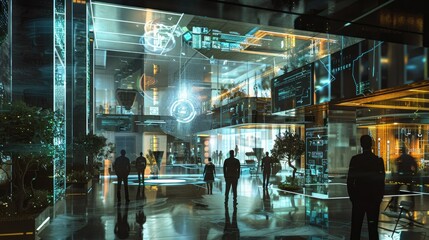 Wall Mural - bustling high-tech corporate headquarters with holographic interfaces and sleek, modern architecture AI generated AI generated