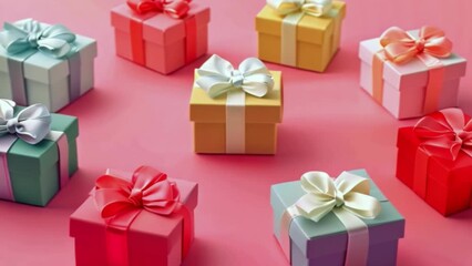 Poster - This Nine gift boxes with different colored ribbons and bows arranged on a pink background.