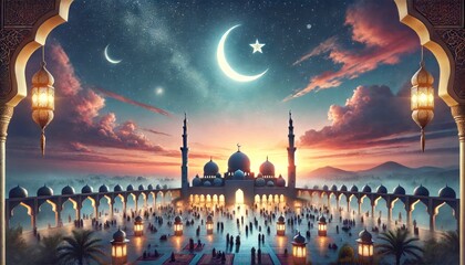 Eid Celebration at Mosque with Crescent Moon and Lanterns