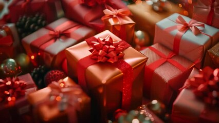 Poster - This Close-up of many wrapped gifts in red and gold colors.