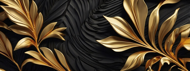 Gold and black floral luxury background, silk texture, D render, high-quality abstract design