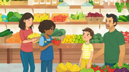 Wall Mural - Family Grocery Shopping: Illustrate children helping their parents shop for fresh produce in a local grocery store, emphasizing their engagement and the healthy options available.