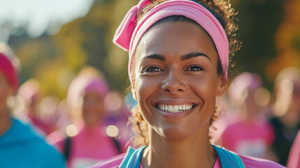 Wall Mural - Brown woman wearing pink headband participating in a cancer survivor charity run.