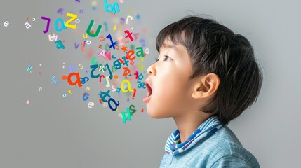 A young child enthusiastically speaks, with colorful letters and numbers flowing out of their mouth. The image represents expression and creativity,