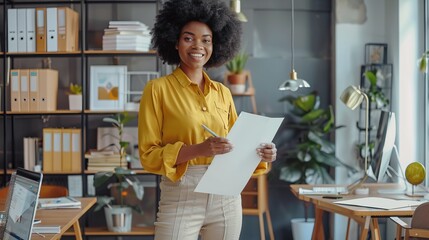 Poster - Young professional woman in a modern office environment holding documents and smiling confidently at the camera. Business and productivity concept. Workplace inspiration and motivation. AI