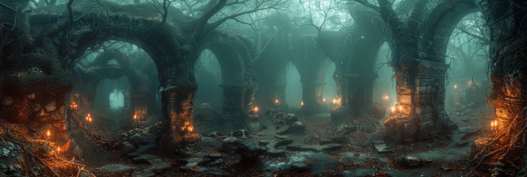 Ancient Ruins in Mysterious Forest. Spooky Mystical Forest with Glowing Candles